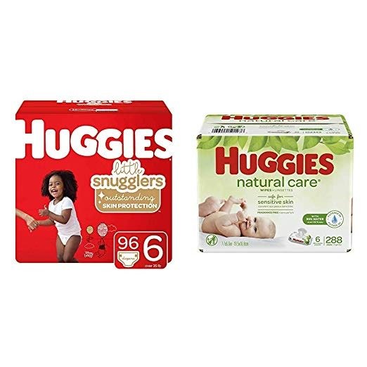 Brand Bundle –Little Snugglers Baby Diapers, Size 6, 96 Ct &Natural Care Unscented Baby Wipes, Sensitive, 6 Disposable Flip-Top Packs - 288 Total Wipes (Packaging May Vary)