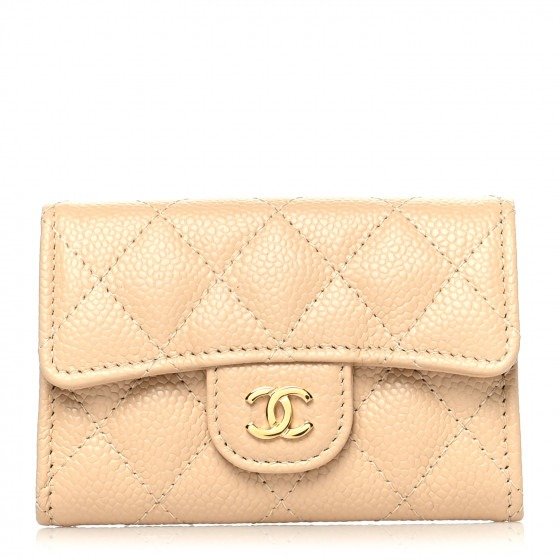 Caviar Quilted Flap Card Holder Wallet Beige | FASHIONPHILE
