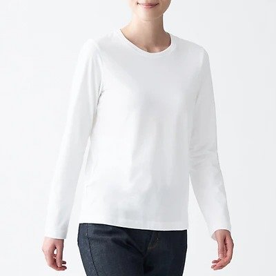 Women Cotton Jersey Stitch Crew Neck Long Sleeve T-Shirt White