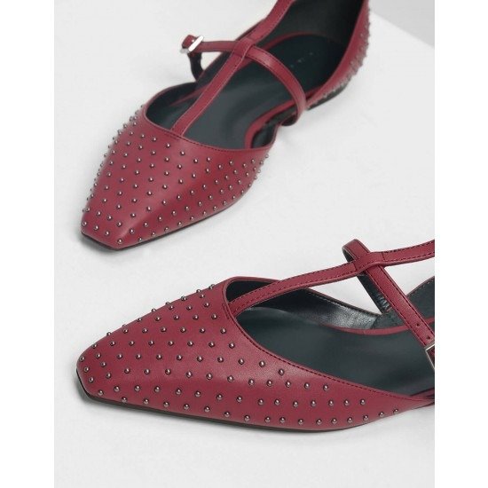 Red Micro Stud Embellished Caged Flats | CHARLES & KEITH