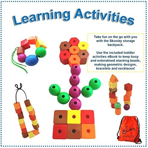 Lacing Beads for Kids Toddler Toy Jumbo Primary Lacing Toys for Toddlers - Autism Fine Motor Skills Montessori Toys - 36 String Beads, 4 Strings, Travel Bag, Preschool Activities eBook Set