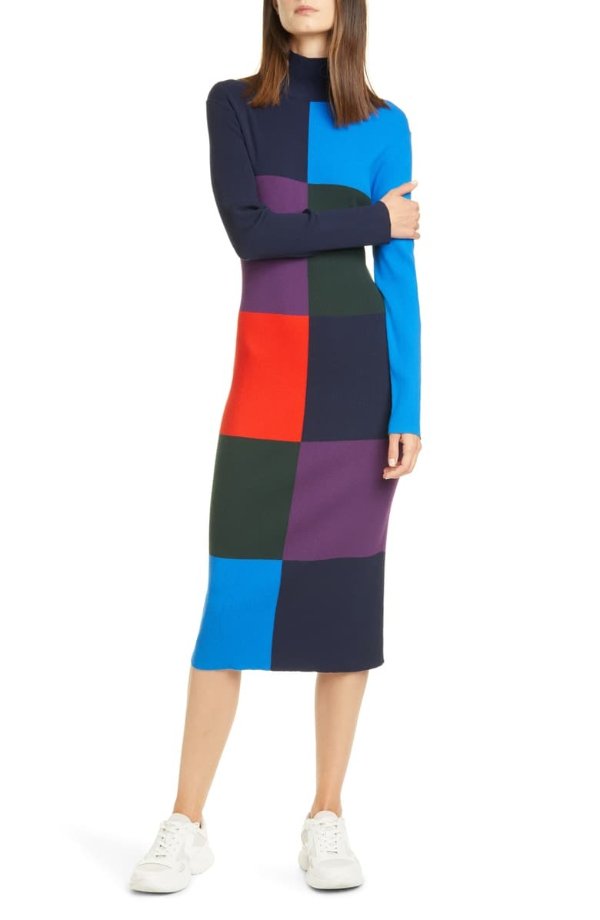 Colorblock Rib Long Sleeve Midi Sweater Dress