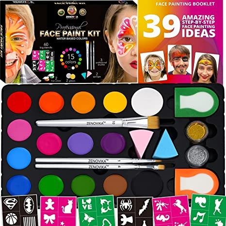 Face Paint Kit for Kids - 60 Jumbo Stencils, 15 Large Water Based Paints, 2 Glitters - Halloween Makeup Kit, Professional Face Paint Palette, Safe for Sensitive Skin, Face Painting Book