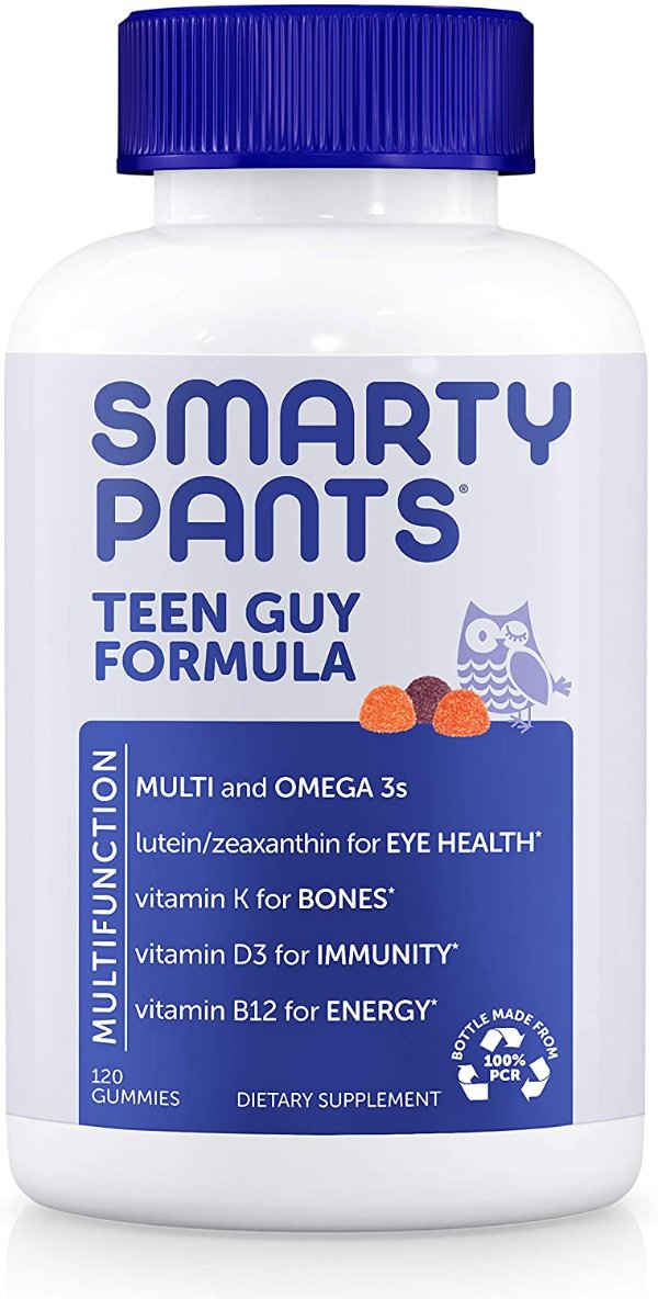 SmartyPants Teen Guy Complete Daily Gummy Vitamins: Multivitamin, Gluten Free, Vitamin D3, Lutein/Zeaxanthin for Eyes*, Omega 3 Fish Oil (DHA/EPA), Folate (Methylfolate), 120...