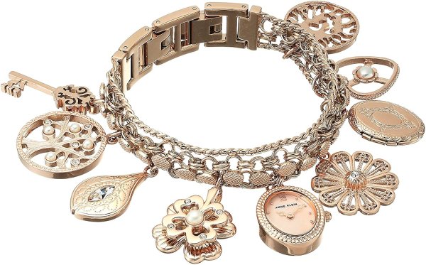 Women's Swarovski Crystal Accented Rose Gold-Tone Charm Bracelet Watch