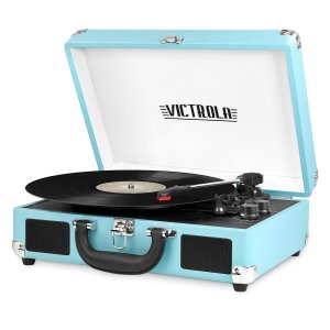 Portable Victrola Suitcase Record Player with Bluetooth and 3 Speed Turntable, Turquoise