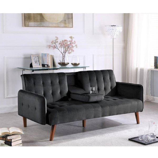 Carrington 72 in. Black Velvet 2-Seater Twin Sleeper Convertible Sofa Bed with Tapered Legs