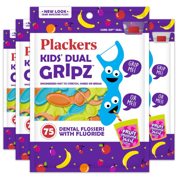 (4 Pack) Plackers Kids Dental Floss Picks, Fruit Smoothie Swirl with Fluoride, Dual Grip - 75 Count