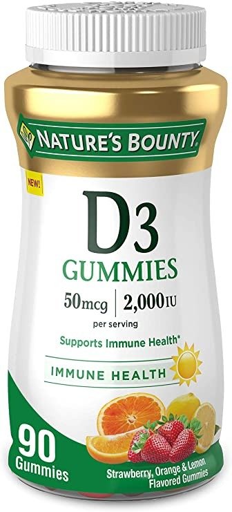 Vitamin D Gummies for adults by Nature’s Bounty. Fruit-flavored supplements provide immune support and promote healthy bones. 2000IU, 90 Gummies