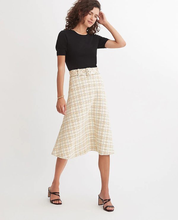 Checked Belted Full Skirt | Ann Taylor