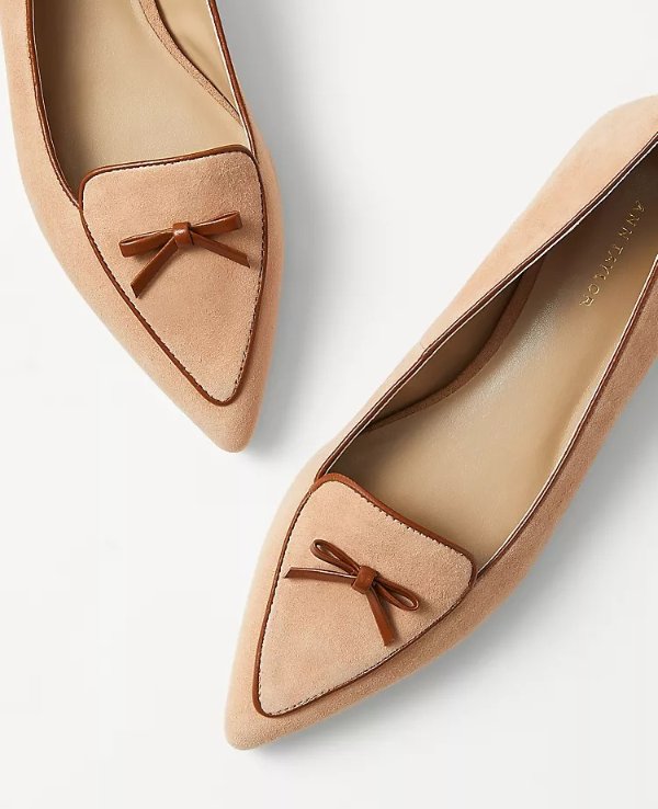 Suede Bow Pointy Loafer Flats | Ann Taylor