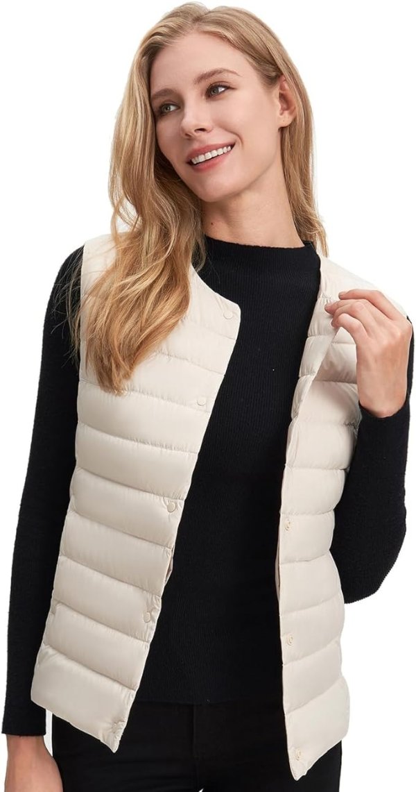 Womens Down Vest,Lightweight Sleeveless V-neck Puffer Outwear&Inside Jacket with Pocket