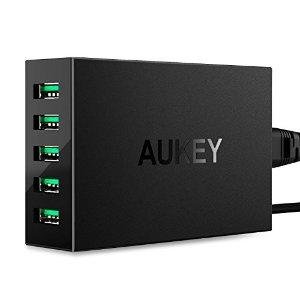 Aukey 50W 5 Ports USB Desktop Charging Station with AlPower Tech+ Aukey 5 Pack Premium Cables