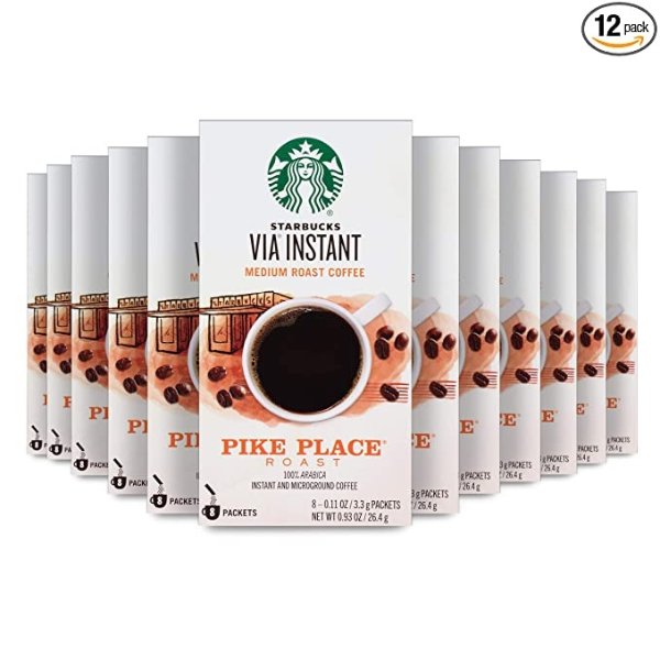 VIA Instant Coffee Medium Roast Packets — Pike Place Roast — 100% Arabica - 8 Count (Pack of 12)