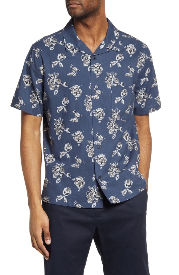 Men's Ikat Floral Print Short Sleeve Cotton Button-Up Shirt