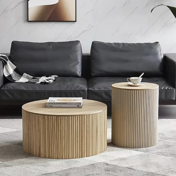 Modern Round Wood Coffee Table Set of 2 with Storage in Natural-Homary