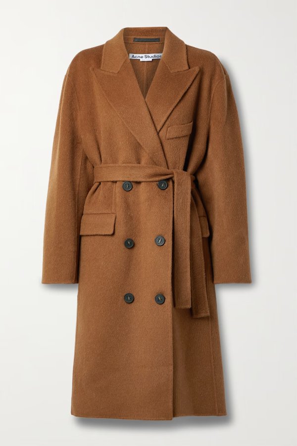Belted double-breasted brushed wool and alpaca-blend coat