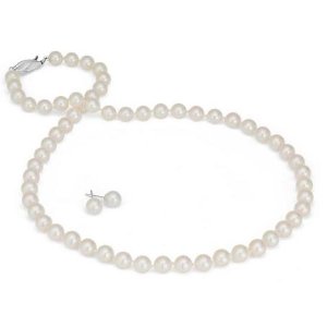 Pearl Stud Earrings and Strand Necklace Set in 18K White Gold