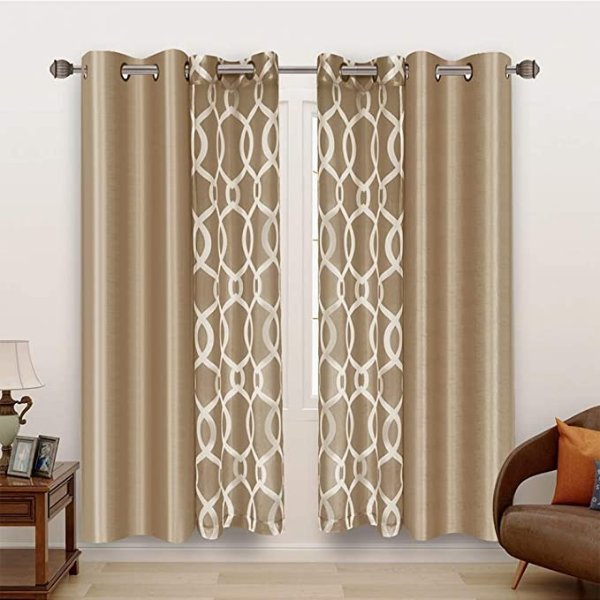 Mix and Match Curtain - 2 Pieces Moroccan Print Sheer Curtains and 2 Pieces Faux Dupioni Silk Curtains for Bedroom Living Room Grommet Window Curtains Set of 4 Panels (27x95/Panel, Khaki)