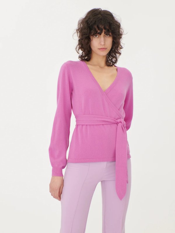 Women's Cashmere V-neck Belted Wrap Sweater Pink - Gobi Cashmere