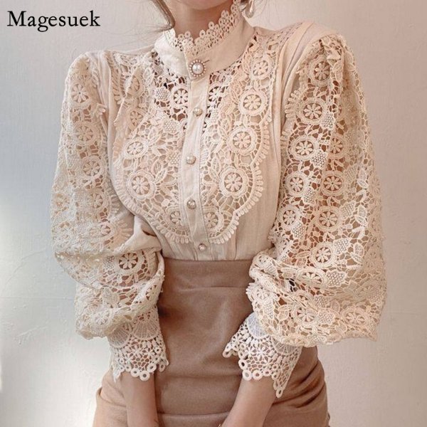 13.86US $ 46% OFF|Vintage Solid White Lace Blouse Shirts Women New Korean Button Loose Shirt Tops Female Hollow Casual Ladies Blouses Blusas 12928 - Women Shirt - AliExpress