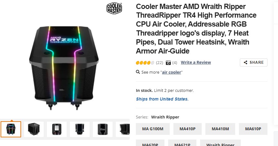 Cooler Master AMD Wraith Ripper ThreadRipper TR4 High Performance CPU Air Cooler,风冷