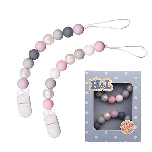 Pacifier Clip, H&L Silicone Teething Beads Binky Teether Holder for Girls, Baby Shower Gift, 2 Pack (Pink+Purple)