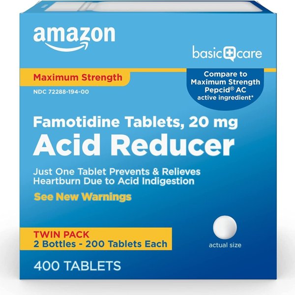 Amazon Basic Care Maximum Strength Famotidine Tablets 20 mg, Acid Reducer for Heartburn Relief, 400 Count