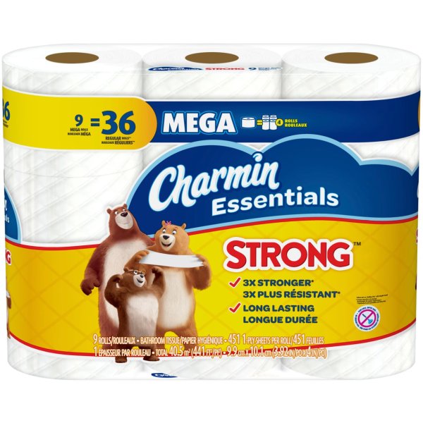 ® Essentials® Strong 1-Ply Mega Roll Toilet Paper, 451 Sheets Per Roll, Pack Of 9 Rolls