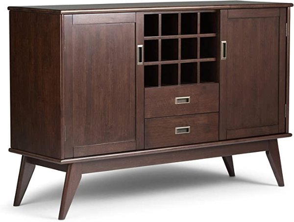 SIMPLIHOME Draper Solid Rubberwood 54 inch Mid Century Modern Sideboard Buffet and Wine Rack in Medium Auburn Brown features 2 Doors, 2 Drawers and 2 Cabinets with 12 Bottle Wine Storage Rack