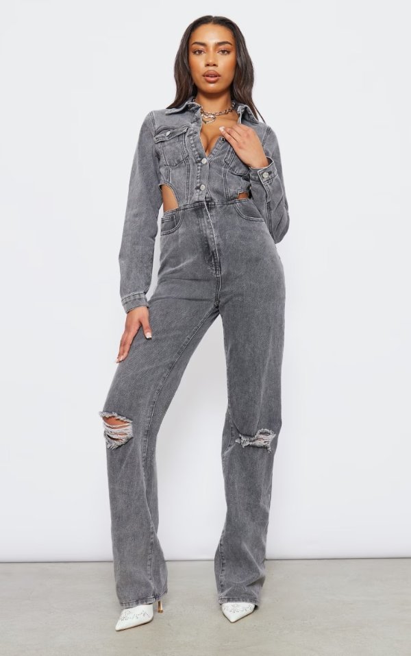 Tall Washed Charcoal Denim Cut Out Jumpsuit