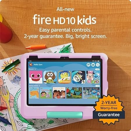 All-newFire 10 HD Kids tablet- 2023, ages 3-7 | Bright 10.1" HD screen with ad-free content and parental controls included, 13-hr battery, 32 GB, Pink