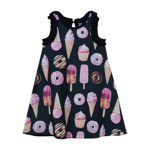 Sleeveless Dress With Frill & Print Black Iced Sweets