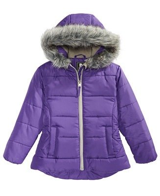 Little Girls Hooded Quilted Jacket With Faux-Fur Trim