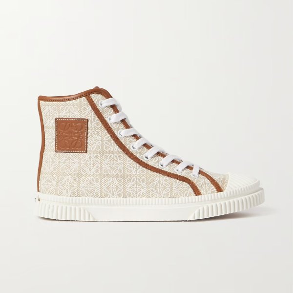 Leather-trimmed jacquard high-top sneakers
