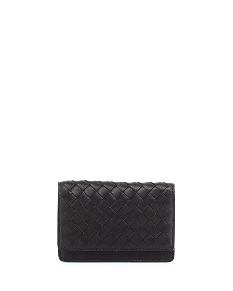 Woven Leather Flap-Style Credit Card Case, Black