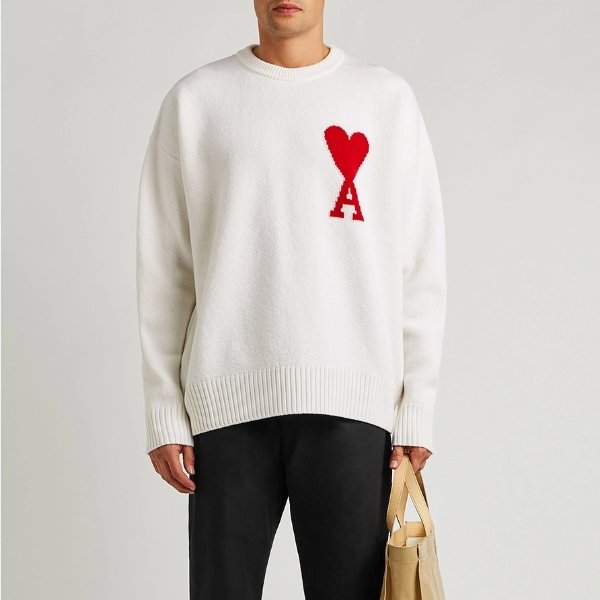 White logo-intarsia wool jumper