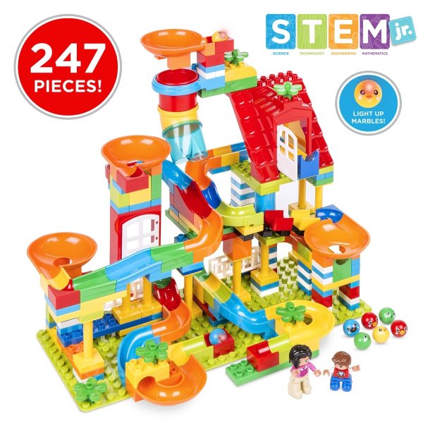 Kids 247-Piece Building Block Marble Run STEM Toy Track Set w/ Ramps, Slides