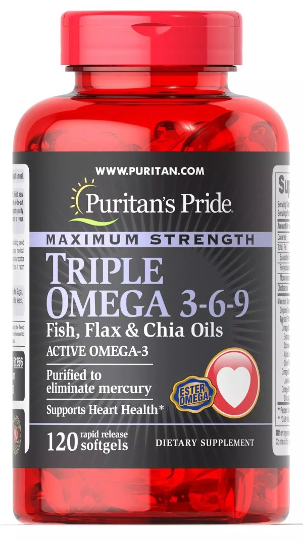Maximum Strength Triple Omega 3-6-9 Fish, Flax & Chia Oils 120 Softgels | Fish Oils Supplements | Puritan's Pride