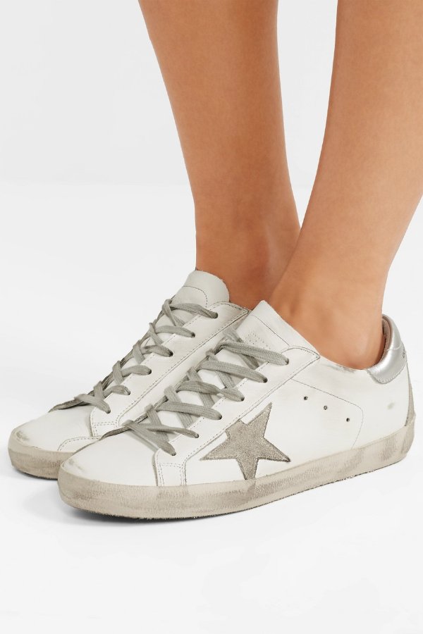 Superstar distressed metallic leather and suede sneakers