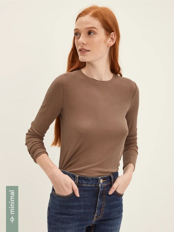 Long Sleeved Modal-Blend Ribbed Tee in Chocolate