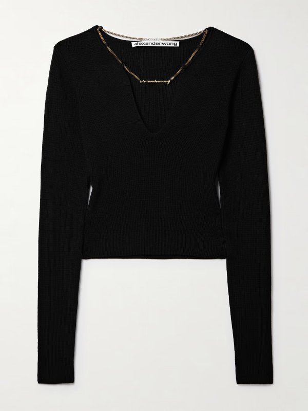 Chain-embellished cropped wool-blend sweater