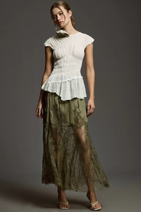 By Anthropologie Satin Lace Slip Skirt