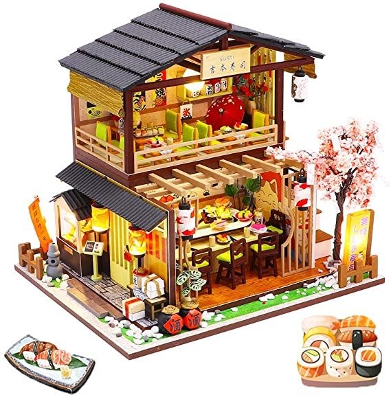 DIY Dollhouse Miniature with Wooden Furniture,Handmade Japanese Style Home Craft Model Mini Kit with Cover&LED,1:24 3D Creative Doll House Toy for Adult Teenager Gift (Gibon Sushi)
