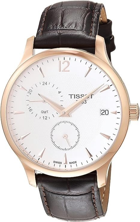 Men's Tradition GMT Quartz Watch with Leather Strap, Brown, 20 (Model: T0636393603700)