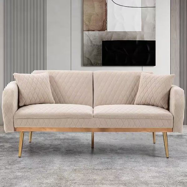 66 in. W Beige Modern Velvet Convertible Sofa Bed with 2 Throw Pillow and Rose Gold Metal Feet
