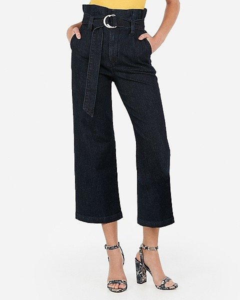 Super High Waisted Belted Cropped Wide Leg Jeans