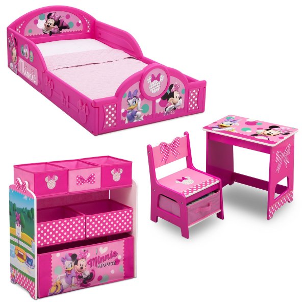 Minnie Mouse 4-Piece Room-in-a-Box Bedroom Set by Delta Children - Includes Sleep & Play Toddler Bed, 6 Bin Design & Store Toy Organizer and Desk with Chair