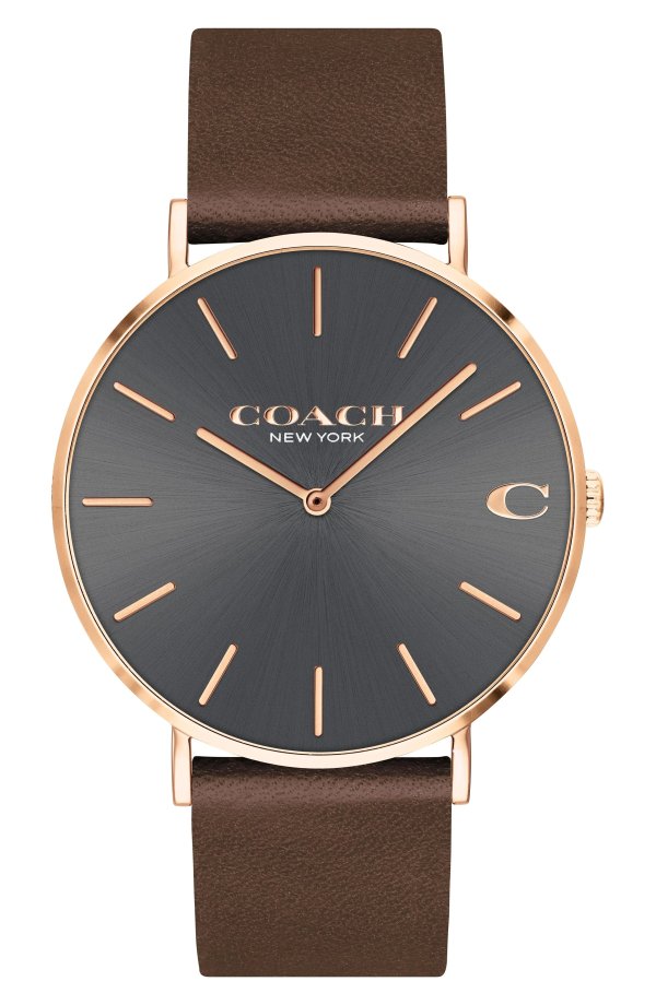 Charles Leather Strap Watch, 41mm