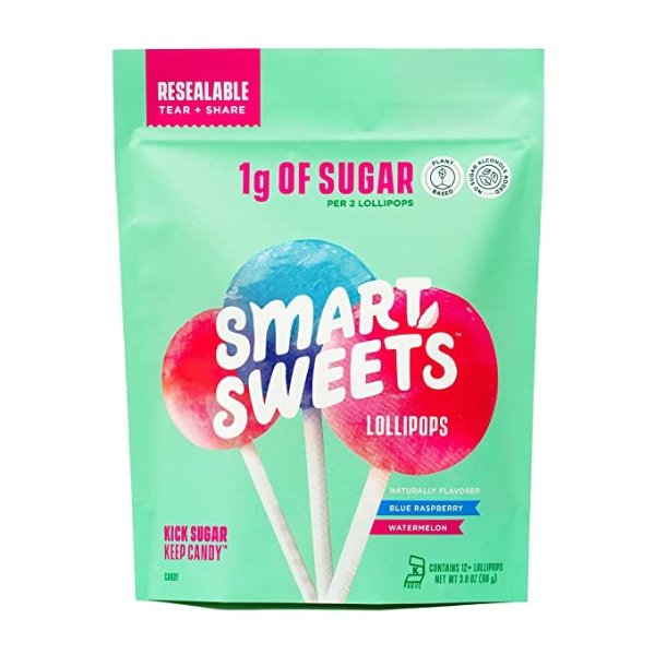 Lollipops, Blue Raspberry & Watermelon, Hard Candy with Low Sugar (1g), Low Calorie (60), No Artificial Sweeteners, Vegan, Gluten-Free, Non-GMO, Healthy Snack for Kids & Adults, 3oz